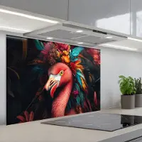 KitchenYeah Spatscherm 90x60 cm - Zelfklevende achterwand Flamingo - Kleuren - Bloemen - Veren - Keuken muurbeschermer - Spatwand fornuis