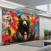 KitchenYeah Spatscherm 120x80 cm - Zelfklevende achterwand Graffiti - Beer - Dier - Muur - Street art - Keuken muurbeschermer - Spatwand fornuis