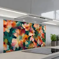 KitchenYeah Spatscherm 120x60 cm - Zelfklevende achterwand Harmonieus - Abstracte bloemen - Warme tinten - Keuken muurbeschermer - Spatwand fornuis