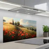 KitchenYeah Spatscherm 100x50 cm - Zelfklevende achterwand Klaprozen - Rood - Heuvels - Landschap - Keuken muurbeschermer - Spatwand fornuis