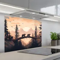 KitchenYeah Spatscherm 90x70 cm - Zelfklevende achterwand Beren - Bomen - Landschap - Zonsondergang - Keuken muurbeschermer - Spatwand fornuis