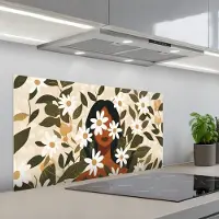 KitchenYeah Spatscherm 100x50 cm - Zelfklevende achterwand Illustratie - Vrouw - Madeliefjes - Wit - Keuken muurbeschermer - Spatwand fornuis