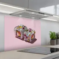 KitchenYeah Spatscherm 90x70 cm - Zelfklevende achterwand Sushi - Rolletjes - Steentjes - Kleurrijk - Keuken muurbeschermer - Spatwand fornuis