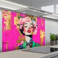 KitchenYeah Spatscherm 120x80 cm - Zelfklevende achterwand Bloemenkroon - Goud - Vrouw - Portret - Keuken muurbeschermer - Spatwand fornuis