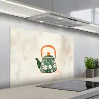 KitchenYeah Spatscherm 100x65 cm - Zelfklevende achterwand Theepot - Groen - Bloemen - Oranje - Keuken muurbeschermer - Spatwand fornuis