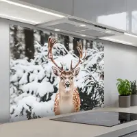 KitchenYeah Spatscherm 100x75 cm - Zelfklevende achterwand Hert - Sneeuw - Winter - Bos - Dieren - Keuken muurbeschermer - Spatwand fornuis
