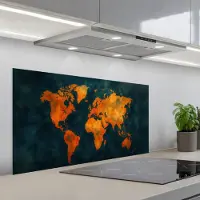 KitchenYeah Spatscherm 100x50 cm - Zelfklevende achterwand Wereldkaart - Vurige kleuren - Expressieve stijl - Keuken muurbeschermer - Spatwand fornuis
