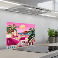 KitchenYeah Spatscherm 60x45 cm - Zelfklevende achterwand Stad - Roze - Palmbomen - Keuken muurbeschermer - Spatwand fornuis