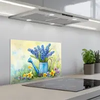 KitchenYeah Spatscherm 60x40 cm - Zelfklevende achterwand Gieter - Lavendel - Bloesems - Keuken muurbeschermer - Spatwand fornuis