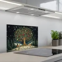 KitchenYeah Spatscherm 60x40 cm - Zelfklevende achterwand Feestboom - Winterhemel - Kleurrijk - Keuken muurbeschermer - Spatwand fornuis
