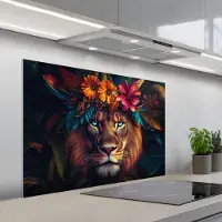 KitchenYeah Spatscherm 100x65 cm - Zelfklevende achterwand Leeuw - Bloemen - Bladeren - Dieren - Kleurrijk - Keuken muurbeschermer - Spatwand fornuis