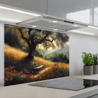 KitchenYeah Spatscherm 80x55 cm - Zelfklevende achterwand Bankje - Boom - Klaprozen - Heuvels - Keuken muurbeschermer - Spatwand fornuis