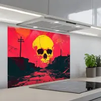 KitchenYeah Spatscherm 90x70 cm - Zelfklevende achterwand Straat - Verlaten - Schedel - Geel - Keuken muurbeschermer - Spatwand fornuis