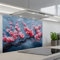 KitchenYeah Spatscherm 90x60 cm - Zelfklevende achterwand Bloesem - Bloem - Roze - Tak - Keuken muurbeschermer - Spatwand fornuis