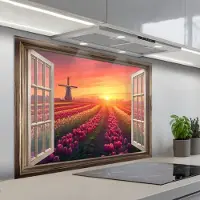 KitchenYeah Spatscherm 100x75 cm - Zelfklevende achterwand Doorkijk - Tulpen - Zonsondergang - Bloemen - Kleurrijk - Keuken muurbeschermer - Spatwand fornuis