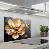 KitchenYeah Spatscherm 70x55 cm - Zelfklevende achterwand Bloemen - Goud - Kunst - Zwart - Modern - Keuken muurbeschermer - Spatwand fornuis
