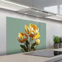 KitchenYeah Spatscherm 100x65 cm - Zelfklevende achterwand Bloemen - Geel - Bladeren - Structuur - Keuken muurbeschermer - Spatwand fornuis
