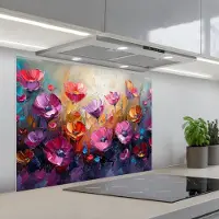 KitchenYeah Spatscherm 80x60 cm - Zelfklevende achterwand Bloemen - Paars - Kleurrijk - Handgeschilderd - Kunst - Keuken muurbeschermer - Spatwand fornuis