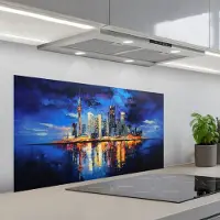 KitchenYeah Spatscherm 100x50 cm - Zelfklevende achterwand Skyline Toronto - Modern - Stadslicht - Blauw - Keuken muurbeschermer - Spatwand fornuis