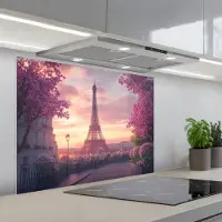 KitchenYeah Spatscherm 80x60 cm - Zelfklevende achterwand Eiffeltoren - Parijs - Roze - Keuken muurbeschermer - Spatwand fornuis