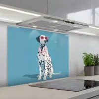 KitchenYeah Spatscherm 90x70 cm - Zelfklevende achterwand Dalmatiër - Zonnebril - Blauw - Keuken muurbeschermer - Spatwand fornuis