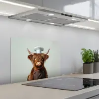 KitchenYeah Spatscherm 60x45 cm - Zelfklevende achterwand Schotse Hooglander - Bruin - Hoorns - Kokskleding - Keuken muurbeschermer - Spatwand fornuis