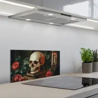 KitchenYeah Spatscherm 70x30 cm - Zelfklevende achterwand Skelet - Kaarsen - Rozen - Schedel - Boeken - Kandelaar - Keuken muurbeschermer - Spatwand fornuis