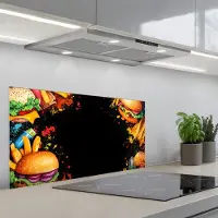 KitchenYeah Spatscherm 90x45 cm - Zelfklevende achterwand Fastfood - Graffiti - Hamburger - Eten - Modern - Keuken muurbeschermer - Spatwand fornuis