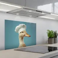 KitchenYeah Spatscherm 70x55 cm - Zelfklevende achterwand Eend - Koksmuts - Cute - Vogel - Keuken muurbeschermer - Spatwand fornuis