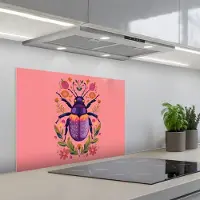 KitchenYeah Spatscherm 70x55 cm - Zelfklevende achterwand Paars - Kever - Stipjes - Bloemen - Keuken muurbeschermer - Spatwand fornuis