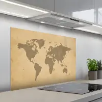 KitchenYeah Spatscherm 100x65 cm - Zelfklevende achterwand Wereldkaart - Aardtinten - Subtiel - Keuken muurbeschermer - Spatwand fornuis