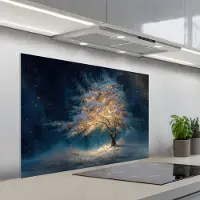 KitchenYeah Spatscherm 100x65 cm - Zelfklevende achterwand Levensboom - Nacht - Donker - Blauw - Keuken muurbeschermer - Spatwand fornuis
