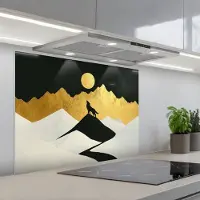 KitchenYeah Spatscherm 90x70 cm - Zelfklevende achterwand Wolf - Bergen - Maan - Zwart - Keuken muurbeschermer - Spatwand fornuis