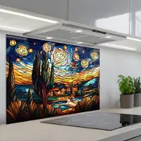 KitchenYeah Spatscherm 90x60 cm - Zelfklevende achterwand Hemel - Sterren - Mozaïek - Huizen - Keuken muurbeschermer - Spatwand fornuis