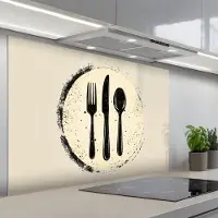 KitchenYeah Spatscherm 120x80 cm - Zelfklevende achterwand Zwart - Bestek - Rondje - Keuken muurbeschermer - Spatwand fornuis