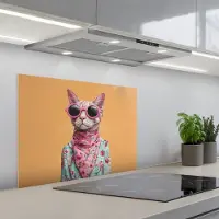 KitchenYeah Spatscherm 70x50 cm - Zelfklevende achterwand Zonnebril - Kat - Sjaal - Bloemen - Keuken muurbeschermer - Spatwand fornuis