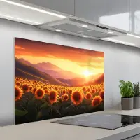 KitchenYeah Spatscherm 100x65 cm - Zelfklevende achterwand Zonnebloemen - Zonsondergang - Landschap - Keuken muurbeschermer - Spatwand fornuis