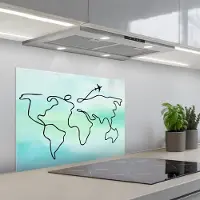 KitchenYeah Spatscherm 70x55 cm - Zelfklevende achterwand Vliegtuig - Aquarel - Lijn - Wereldkaart - Keuken muurbeschermer - Spatwand fornuis