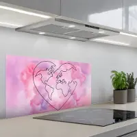 KitchenYeah Spatscherm 90x45 cm - Zelfklevende achterwand Hart - Roze - Wereldkaart - Keuken muurbeschermer - Spatwand fornuis