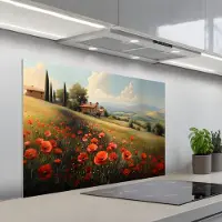 KitchenYeah Spatscherm 100x65 cm - Zelfklevende achterwand Klaprozen - Rood - Heuvels - Landschap - Keuken muurbeschermer - Spatwand fornuis