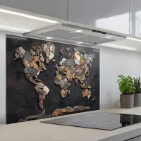 KitchenYeah Spatscherm 90x60 cm - Zelfklevende achterwand Wereldkaart - Stenen - Realistisch - Keuken muurbeschermer - Spatwand fornuis