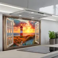 KitchenYeah Spatscherm 80x55 cm - Zelfklevende achterwand Doorkijk - Raam - Vuurtoren - Zonsondergang - Strand - Keuken muurbeschermer - Spatwand fornuis