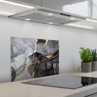 KitchenYeah Spatscherm 60x45 cm - Zelfklevende achterwand Marmer look - Goud - Grijs - Keuken muurbeschermer - Spatwand fornuis