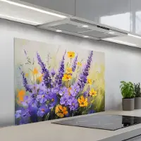 KitchenYeah Spatscherm 100x65 cm - Zelfklevende achterwand Lavendel - Bloemen - Natuur - Kunst - Keuken muurbeschermer - Spatwand fornuis