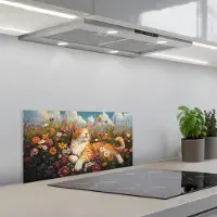 KitchenYeah Spatscherm 60x30 cm - Zelfklevende achterwand Kat - Bloemen - Ontspannen - Keuken muurbeschermer - Spatwand fornuis