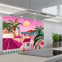 KitchenYeah Spatscherm 90x60 cm - Zelfklevende achterwand Stad - Roze - Palmbomen - Keuken muurbeschermer - Spatwand fornuis