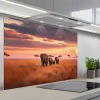 KitchenYeah Spatscherm 120x80 cm - Zelfklevende achterwand Groep olifanten - Open vlakte - Zon - Keuken muurbeschermer - Spatwand fornuis