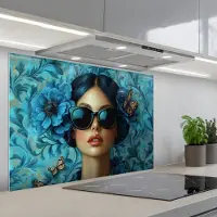 KitchenYeah Spatscherm 80x55 cm - Zelfklevende achterwand Vrouw - Bloemen - Vlinders - Blauw - Abstract - Keuken muurbeschermer - Spatwand fornuis