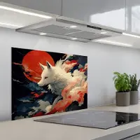 KitchenYeah Spatscherm 70x50 cm - Zelfklevende achterwand Witte vos - wolken - maan - Keuken muurbeschermer - Spatwand fornuis
