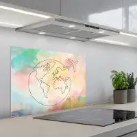 KitchenYeah Spatscherm 70x50 cm - Zelfklevende achterwand Wereldkaart - Pastel - Vliegtuig - Lijnen - Keuken muurbeschermer - Spatwand fornuis